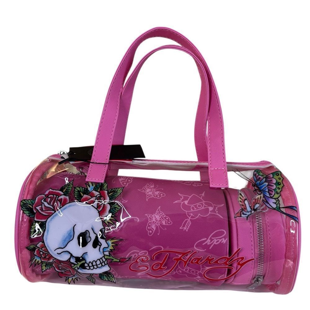 Ed Hardy Hot Pink Graphic Transparent Barrel Bag.